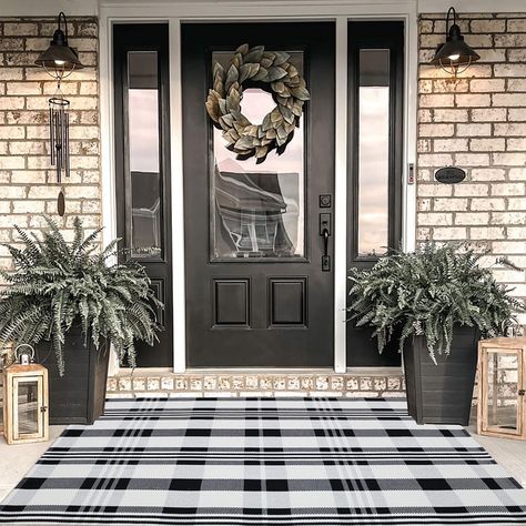 PRICES MAY VARY. ✅【PREMIUM QUALITY】This buffalo plaid rug is made of high-quality cotton, thick and durable designed for a long-lasting life, and great for everyday use. ✅【CLASSIC DESIGN】The black and white rug offers casual elegance in the form of a classic plaid pattern, Giving your home a warm and cozy vibe. ✅【MULTIPURPOSE USE】Black and White Plaid rug Can be used as a front door mat, bathroom rug, laundry room rug, porch mat, welcome mat, kitchen rug, apartment rug, area rug, entryway rug, s Front Porch Black Door, Black And White Front Porch Decor, Front Porch Rug Ideas, Front Door Remodel, Uncovered Front Porch Ideas, Front Stoop Decor, Narrow Front Porch Ideas, Front Door Entrance Decor, Stoop Decor