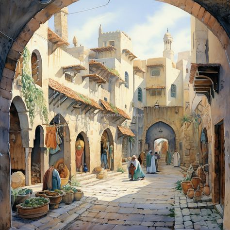 Arabic City, Romantic Environment, Islamic Golden Age, Desert Village, Perspective Drawing Architecture, 3d Art Drawing, Medieval Houses, Iphone Lockscreen Wallpaper, Minecraft Architecture