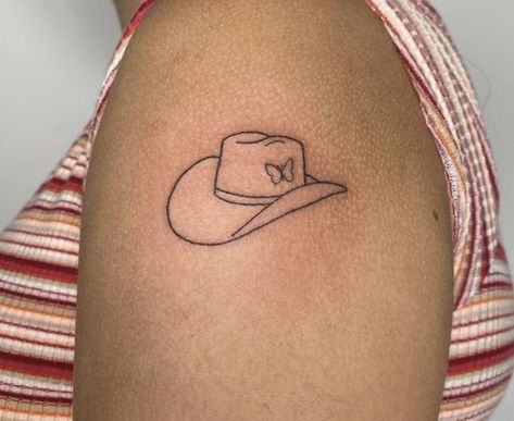 Yeehaw Lip Tattoo, Kacey Musgraves Tattoo Ideas, Western Butterfly Tattoo, Space Cowgirl Tattoo, Kacey Musgraves Tattoo, Yee Haw Tattoo, Cowgirl Hat Tattoo, Small Western Tattoos For Women, Yeehaw Tattoo