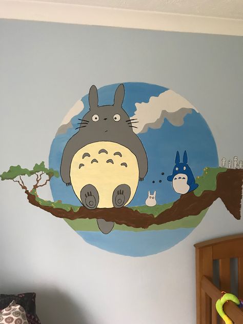 Miyazaki Nursery, Ghibli Mural, Ghibli Room Painting, Ghibli Wall Mural, Totoro Wall Painting, Studio Ghibli Wall Decor Aesthetic, My Neighbor Totoro Wall Art, Ghibli Room, Totoro Toy