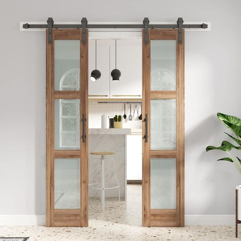 Amazon.com: FREDBECK Double 18 x 84 inch Glass Barn Doors 36inch Barn Door with 6.6FT Hardware Kit & Handle Included,3-Panel Frosted Glass,LVL Wood Panel,Water-Proof PVC Surface,Pre-Drilled Holes,Need Assembly : Tools & Home Improvement Barn Doors With Glass Panels, Double Barn Doors Sliding, Old Farmhouse Kitchen, Glass Barn Door, Glass Barn Doors, Glass Panel Door, Double Barn Doors, Sliding Door Hardware, Old Farmhouse