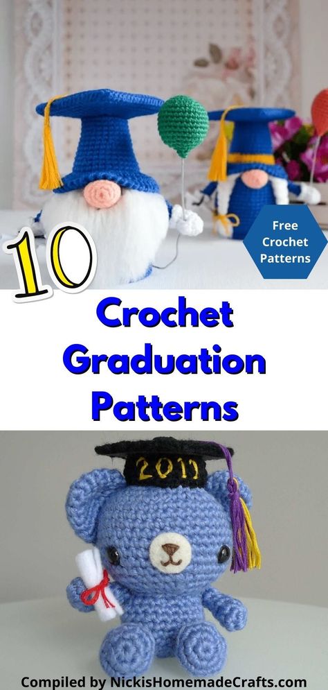 Cute list of 10 free crochet graduation pattern ideas for fun gifts to celebrate the special occasion. Crochet Graduation Gnome Free Pattern, Crochet Ideas For Graduation, Crochet Graduation Bear Free Pattern, Crocheted Graduation Gifts, Amigurumi Graduation Free Pattern, Graduation Cap Crochet Pattern, Crochet For Graduation, Crochet Graduation Doll Free Pattern, Graduation Crochet Pattern Free