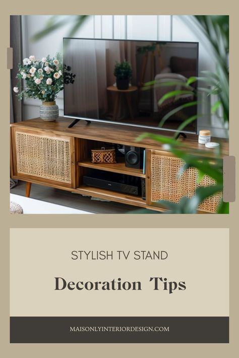 These stylish TV stand decoration tips showcase how to enhance your living room with amazing decor ideas. Discover different styles, green plants, and functional decor to create an inviting entertainment space using one engaging image. Tv Console With Shelves, Decorating Entertainment Center Shelves, Styling Tv Console, Table Under Tv Decor, Vintage Tv Console, Stand Decoration Ideas, Chic Tv Stand, Decorating Around A Tv, Mounted Tv Ideas Living Rooms