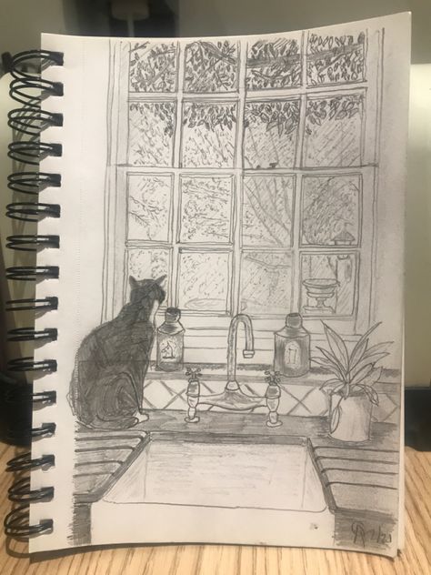 A sketch done from an online photograph, taken by someone I follow on Instagram. I just loved the perspective view of the cat as it looked out of the window as it began to snow Cat Looking Through Window, Window Perspective Drawing, Window Sill Drawing, Cat Looking Out Window, Window Sketch, Perspective View, Window Drawing, One Point Perspective, Point Perspective