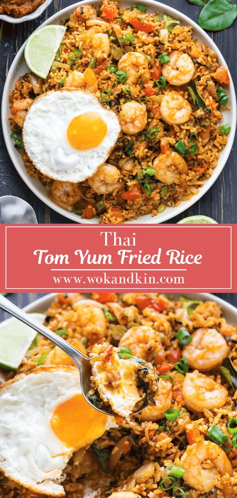 Thai Tom Yum Fried Rice is a crowd pleaser! Our homemade version is incredibly easy because it uses store-bought paste packed with flavor. #tomyumfriedrice #thaifriedrice #thairice Tom Yum Rice, Tom Yum Fried Rice Recipe, Prawns Fried Rice, Prawn Fried Rice Recipe, Food Cellar, Tom Yum Fried Rice, Tom Yum Noodles, Prawn Fried Rice, Tom Yum Paste