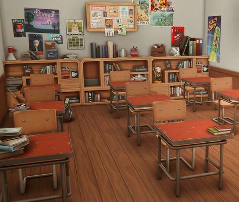 Sims Boarding School, Sims 4 School Layout, Bloxburg School Interior, Sims School, Sims 4 High School Layout, Sims4 High School Cc, Sims 4 Classroom, Sims 4 High School Cafeteria, Sims 4 Boarding School