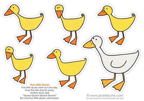 Five Little Ducks    Five little ducks went out one day,  Over the hills and far away.  Mother duck said,  “Quack! Quack! Quack! Quack!”  But only four little ducks came back. Duck Theme Preschool Activities, Feltboard Stories Free Printable, 10 Little Rubber Ducks Activities, 5 Little Ducks Activities, Duck Songs For Toddlers, Ducks Nursery, Printable Puppets, Adorable Ducks, 5 Little Ducks