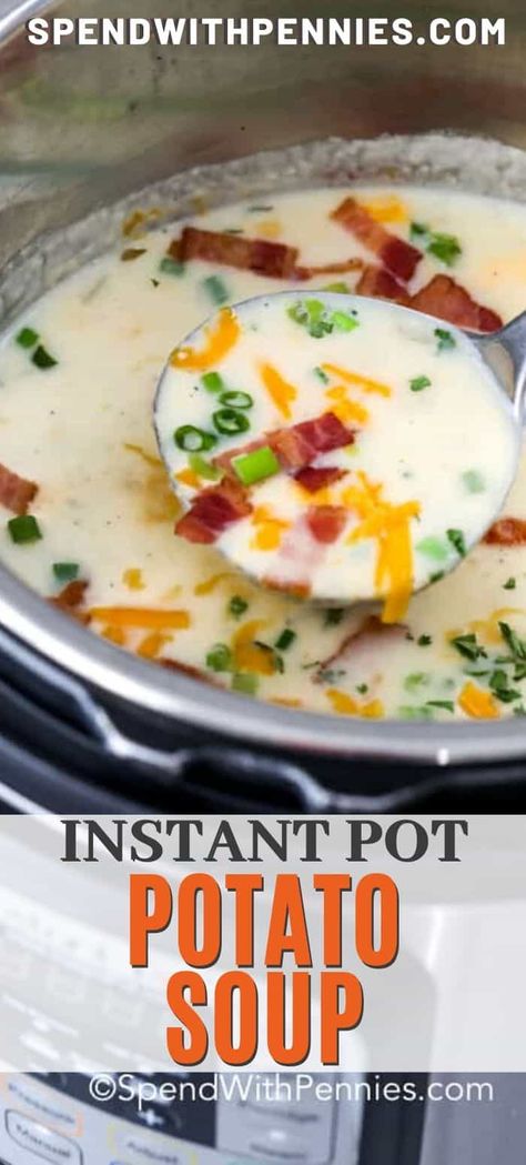 This homemade potato soup is made in the instant pot and ready in 30 mins! With cheese, bacon (or ham), and potatoes this soup is loaded with creamy and delicious ingredients!  #spendwithpennies #instantpotpotatosoup #instantpot #potatosoup #souprecipe #easysoup Best Baked Potato Soup Recipe, Easy Instant Pot Potato Soup, Instant Pot Potato Soup, Homemade Potato Soup, Baked Potato Soup Recipe, Best Baked Potato, Easy Pressure Cooker Recipes, Potato Soup Easy, Easy Family Dinner