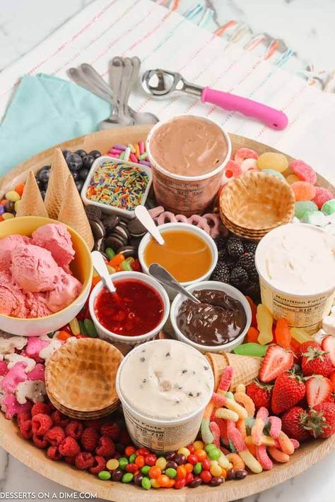 Ice Cream Charcuterie Board, Ice Cream Bar Party Ideas, Ways To Serve Ice Cream, Ice Cream Board, Hot Fudge Topping, Dessert Charcuterie, Fun Ice Cream, Ice Cream Sundae Bar, Waffle Bowl