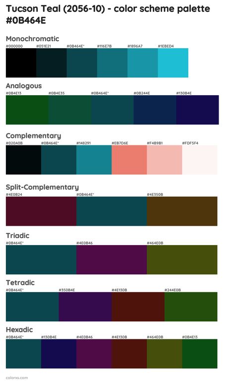 Benjamin Moore Tucson Teal (2056-10) Paint coordinating colors and palettes Teal Complementary Colors, Tucson Teal Benjamin Moore, Teal Color Palette Hex Code, Aqua Color Combinations, Analogous Painting, Benjamin Moore Teal, Pantone Color Guide, Teal Palette, Deep Winter Palette