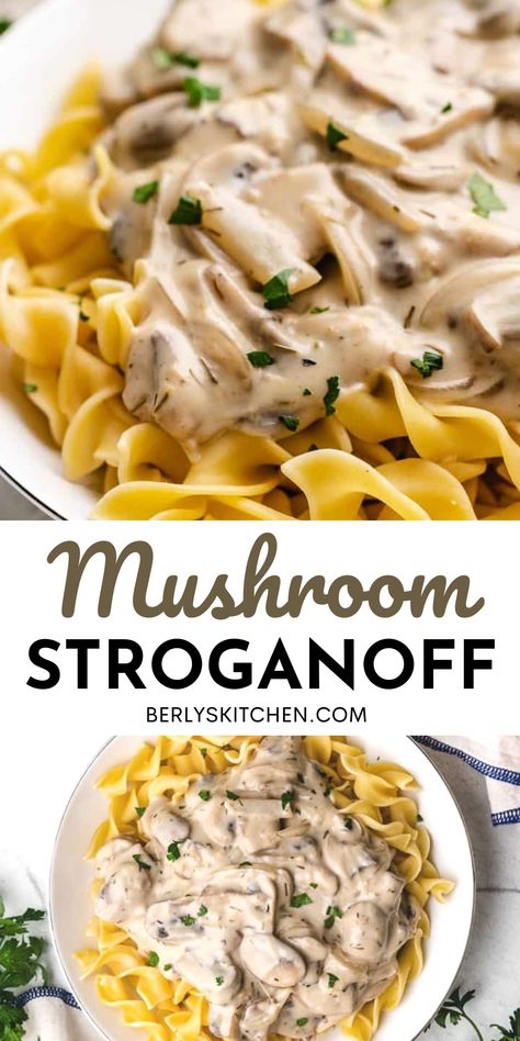 Mushroom Stroganoff Recipe Vegetarian, Vegetable Stroganoff Recipe, Vegan Egg Noodle Recipes, Light Stroganoff Recipe, Creamy Mushroom Stroganoff, Meatless Stroganoff Recipe, Stroganoff Recipe Vegetarian, Cream Of Mushroom Egg Noodles, Mushroom And Egg Noodles