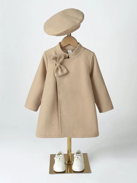 Toddler Girls Bow Front Overcoat & Hat | SHEIN USA Toddler Coats Girl, Toddler Coat, Shein Kids, Kids Dress Wear, Girls Outerwear, Kids Coats, Girl Coat, Baby Outfits