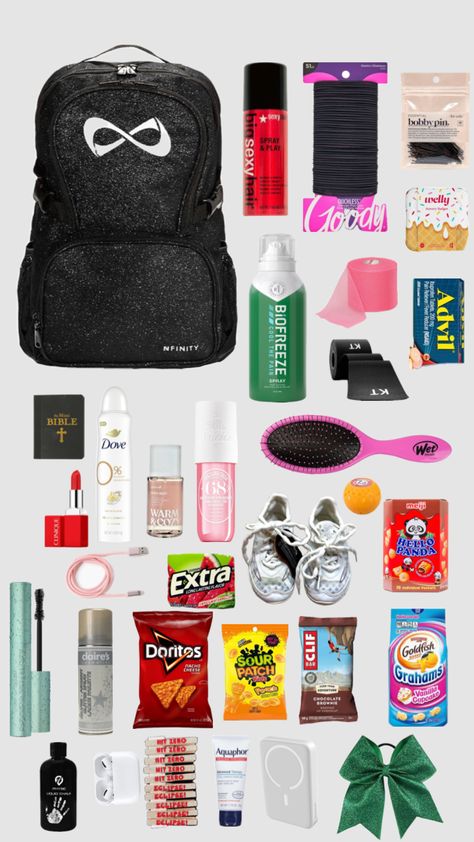 Cheer bag essentials 🙌🙌 6th Grade Survival Kit, Cheer Bag Essentials, Sports Bag Essentials, Cheerleading Tips, Cheer Games, Cheer Hacks, School Backpack Essentials, Volleyball Bag, Cheer Bag