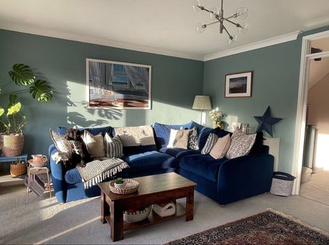 Blue corner sofa from Snug, walls painted in Farrow & Ball Oval Room Blue Dix Blue Farrow And Ball Living Room, Oval Room Blue Living Room, Navy Sofa Lounge Ideas, Living Room With Navy Couch, Navy Sofa Living Room, Farrow And Ball Living Room, Blue Walls Living Room, Navy Living Rooms, Kids Living Rooms