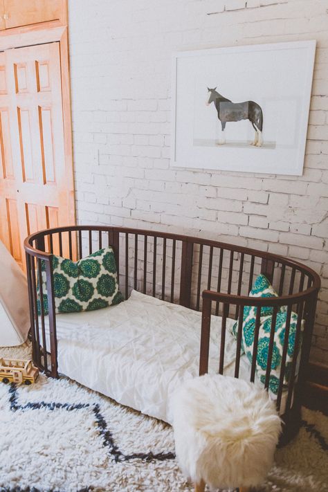 Your new favorite family heirloom! Stokke 4-in-1 convertible bed easily converts from Mini cot, to full-size Crib, to Toddler bed & Junior Bed too In The Corner, White Brick, Nursery Inspiration, Toddler Room, Kid Spaces, Kids' Room, The Floor, My Dream Home, Baby Nursery