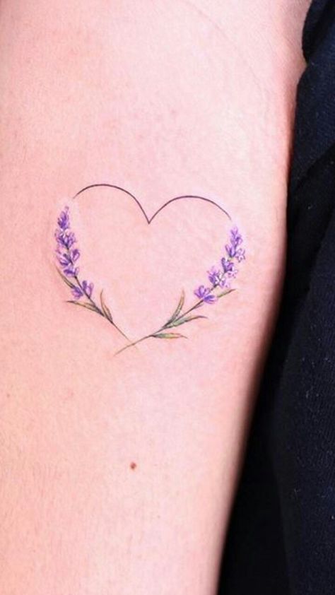 Flower Tattoos Lilacs, Very Feminine Tattoos, Dainty Watercolor Tattoos, Lavender Tattoo With Words, Lilac Heart Tattoo, Violet Flower Heart Tattoo, Lilac Shoulder Tattoo, Lavender Heart Tattoo, Flower Tattoos Purple