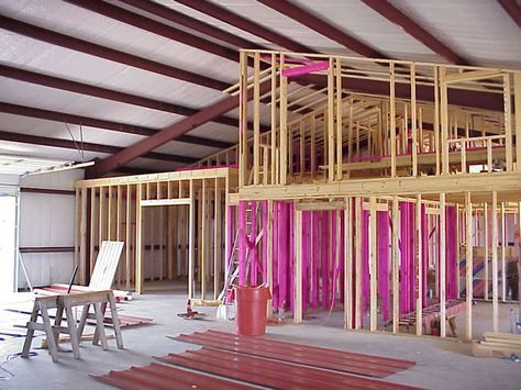 When we use the term interior framing, we are speaking of the structure that supports the interior walls within a metal building. Pole Barn Designs, Brenham Texas, Metal Shop Building, Metal Building Kits, Steel Building Homes, Metal Barn Homes, Alternative Housing, Metal Building Home, Steel Barns