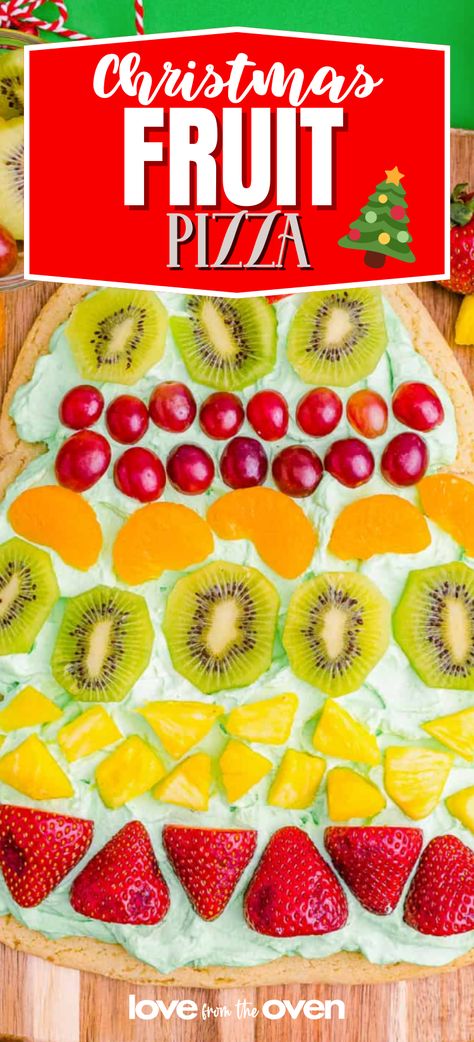 Christmas Fruit Pizza is a refreshing and jubilant treat that you will have a blast making for the holiday season. Christmas Fruit Pizza, Christmas Tree Fruit, Homemade Sugar Cookie Dough, Christmas Fruit, Whipped Cream Frosting, Christmas Tree Cookies, Fruit Pizza, Sugar Cookie Dough, Green Food Coloring