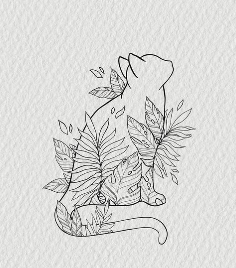 Animal Tattoo Ideas, Cat Outline, Single Line Tattoo, Tattoos For Lovers, Plant Tattoo, Floral Cat, Leaf Drawing, Line Art Tattoos, Cat Flowers