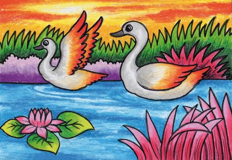 Swimming In A Lake, Scenery Drawing For Kids, Two Swans, Two Rabbits, Illustration Animals, Eating Carrots, Scenery Drawing, Animal Art Projects, Drawing Lessons For Kids