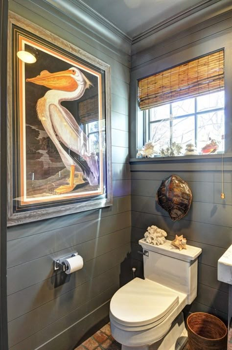 House Of Hampton Wallpaper, Coastal Moody Bathroom, Framed Wallpaper Panels Bathroom, Pool House Half Bath, Bunny Williams Bathroom, Dark Coastal Bathroom, Lake House Powder Room, Dark Painted Bathroom Walls, Dark Paint For Bathroom