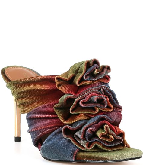 Elegant Multicolor Open Heel Heels, Dress Mules, Velvet Flower, Unique Heels, Velvet Flowers, Velvet Heels, Pink Shoes, Kurt Geiger, Dress Sandals