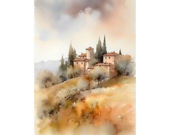 Landscape Tuscany Italy Poster Watercolor Painting of Beautiful Small Italian Streets and Mediterranean Architectural Style - Etsy South Africa Italian Watercolor, Tuscany Landscape, Countryside Art, Italy Poster, Italian Landscape, Watercolor Graphic, Landscape Watercolor, Cottage Art, Landscape Artwork