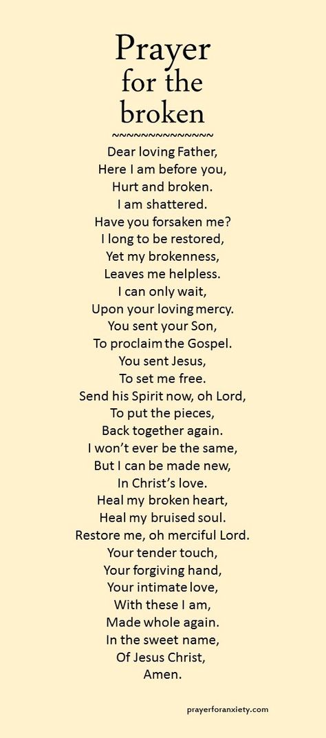 This prayer for the broken-hearted can help you to look to God for healing. The past cannot be changed, but through God's tenderness, the future holds a great promise of restoration. Read more: Is ... Prayers Quotes, Relationship Prayer, Soli Deo Gloria, Prayer Life, Christian Prayers, Prayer Times, Life Quotes Love, Prayer Verses, Prayers For Healing