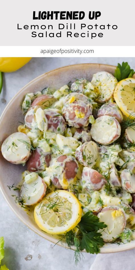 This Healthy Lemon Dill Potato Salad is super hearty, perfectly creamy, and full of fresh flavors. This potato salad recipe will make the perfect side dish at your next barbecue or potluck. Vegan Potato Salad Recipe, Healthier Dinners, Dill Potato Salad, Summer Bbq Side Dishes, Dill Potato, Potato Fries Baked, Vegan Potato Salad, Dill Potatoes, Potato Salad Recipe Easy