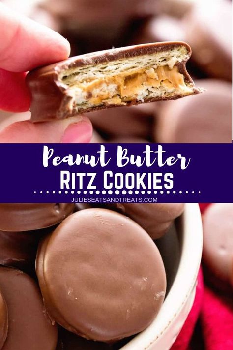 Peanut Butter Ritz Cookies ~ Our FAVORITE treats for the holidays! Easy Christmas Cookies! Chocolate Dipped Ritz Crackers Stuffed with Peanut Butter, So Easy And Delicious! via @julieseats Dipped Ritz Crackers, Chocolate Dipped Ritz, Ritz Cracker Cookies, Christmas Cookies Chocolate, Ritz Cookies, Peanut Butter Crackers, Ritz Cracker Recipes, Easy Christmas Cookies, Peanut Butter Dip