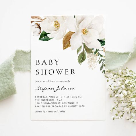 Watercolor White Magnolia Rustic Baby Shower for $2.65 - Baby Shower Invitations Magnolia Baby Shower Ideas, Magnolia Baby Shower, Baby Brunch Invitation, Watercolor Magnolia, Popular Wedding Invitations, Baby Brunch, Rustic Baby Shower Invitations, Baby Birthday Invitations, Gender Neutral Baby Shower Invitations