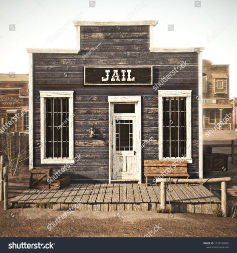 Rustic western town jail. 3d rendering. Part of a western town seriestown#western#Rustic#jail Jail Ideas, Western Buildings, Pallet Wall Ideas, Haunted Town, Old Western Towns, Old West Town, Goat House, Hot Tub Designs, Ranch House Decor