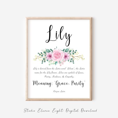 Lily Name Meaning Pink Floral Digital Print, Lily name printable, Name Origin, Nursery Art, Girls Personalised Gift, A4, 8x10, 11x14, 16x20 by StudioElevenEight on Etsy Lily Name Meaning, Lily Name, Floral Digital Print, Grace Symbol, Lily Grace, Name Origins, Girls Personalized Gifts, Standard Paper Size, Latin Words