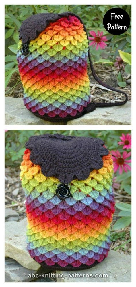 6 Crocodile Stitch Bag Free Crochet Pattern and Paid Dragon Backpack, Rainbow Dragon, Crochet Backpack Pattern, Crochet Shell Stitch, Crocodile Stitch, Crochet Backpack, Crochet Bag Pattern Free, Crochet Dragon, Crochet Weaves