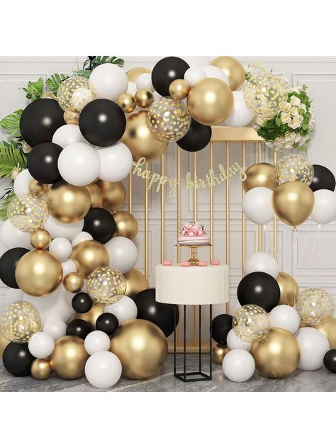 [Black and Gold Balloon Arch Kit Set] Gold Metallic Balloons 12in*15pcs,Black Balloon12in*30psc,White Balloons 12in*20pcs,Confetti Gold Balloons 12in *15pcs; shiny gold happy birthday banner*1, balloon chain*1, balloon dot glue*5, gold ribbon*1. [Black and Gold and White Balloon Garland Arch]Just a few steps to assemble the black gold birthday balloon garland kit. DIY any style you like. First, inflate all the balloons. Then place balloons of different colors and sizes into the holes of the ball Light Blue Balloon Arch, Balloon Arch Gender Reveal, Black Gold Silver Party, Black Birthday Decorations, Black Balloon Garland, Gold Black Birthday, Gold Happy Birthday Banner, Birthday Celebration Decorations, Silver Party Decorations