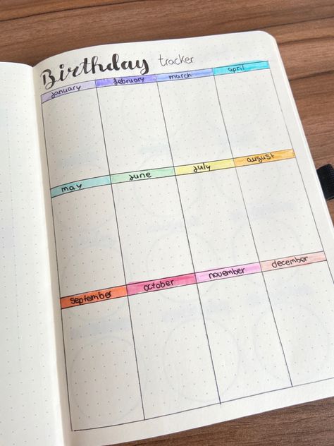 Notebook Ideas Birthday, Diy Birthday Tracker, Lined Notebook Ideas Aesthetic, Bujo Yearly Tracker, Birthday Page Bullet Journal, Bullet Journal Ideas Yearly, Bujo Birthday Tracker, Bulett Journal Page Ideas 2024, Bujo Birthday Spread