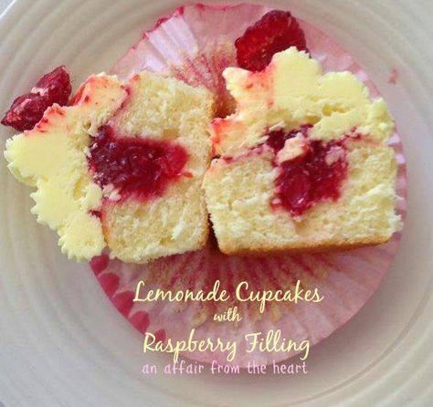 Lemonade Cupcakes with Raspberry Filling | An Affair from the Heart Raspberry Filled Lemon Cupcakes, Cupcakes With Raspberry Filling, Raspberry Filled Cupcakes, Raspberry Lemonade Cupcakes, Lemon Raspberry Cupcakes, Miniature Desserts, Easy Christmas Cupcakes, Lemonade Cupcakes, Raspberry Cupcakes