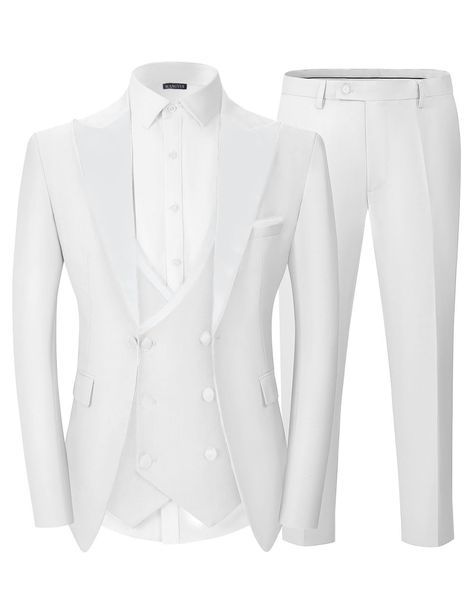 PRICES MAY VARY. 【Suits Feature】---- ⭐ Tuxedo for Men 3 Piece Slim Fit,Double Breasted Suit Men 3 Pieces Tuxedos Sets.it is made from high quality polyester material. Healthy, soft, comfortable, breathable, and easier to wash. Double breasted vest, one button velvet collar men's blazer jacket, solid color, 2 real side pockets, adjustable on back of vest for this mens slim fit tuxedo jacket with black trim 【OCCASIONS】---- ⭐Wangyue 3 Piece Tuxdeo Suit For Men. A fine suit can make you shine at a M All White Suit, Tuxedo Suit For Men, Double Breasted Suit Men, Double Breasted Tuxedo, Suits Prom, Suits Men Business, Mens Blazer Jacket, Tuxedo Blazer, Slim Fit Tuxedo