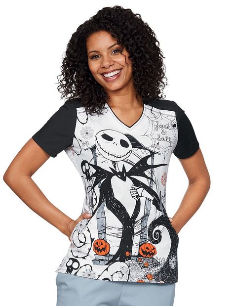 Cherokee Disney Nightmare Before Christmas Inseparable Scrub Top Halloween Scrubs, Christmas Scrubs, Cherokee Woman, Scrubs Outfit, Black Halloween Dress, Nightmare Before Christmas Halloween, Disney Ladies, Halloween Dress, Halloween Women