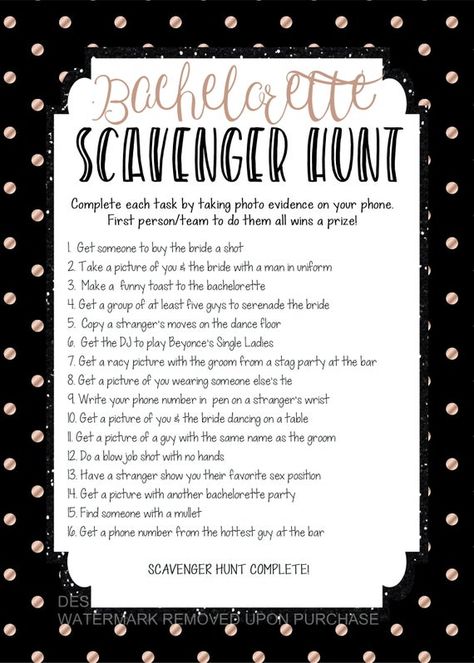 Bachelorette Bar Games, Stagette Games, Bachelorette Scavenger Hunt Ideas, Bach Games, Wedding Drinking Games, Bachelorette Scavenger Hunt, Printable Scavenger Hunt, Hens Party Invitations, Scavenger Hunt Games