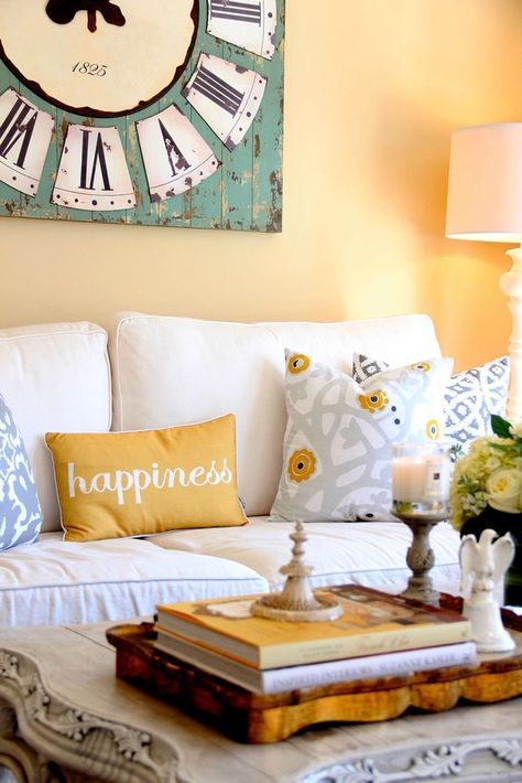 House Tour: A Cottage Style Apartment in San Francisco | Apartment Therapy White Couch, Yellow Living Room, Yellow Pillows, Futuristic Interior, Colourful Living Room, Yellow Walls, Living Room Green, Cottage Living, A Living Room