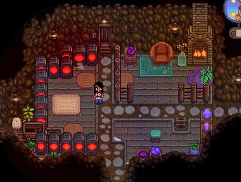 Stardew Valley Backwoods Design, Stardew Mine Decor, Mines Stardew Valley, Stardew Valley Desert Layout, Stardew Valley Mill Ideas, Stardew Valley Mines Decoration, Stardew Valley Mines, Stardew Valley Grandpa Shrine, Stardew Valley Town Decor