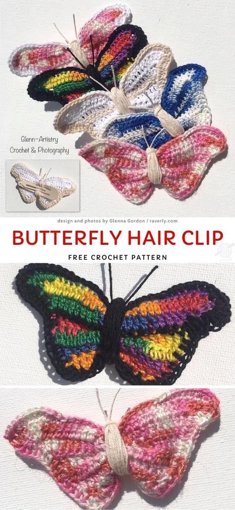 Little Crochet Butterflies. I absolutely love butterflies and all projects involving them. Adding a butterfly to a project is a great way to take it to the next level and dress it up a little. Play with the colors and use any leftover yarn that you have, you'll love how they'll turn out!  #freecrochetpattern #butterfly #decor Crochet Butterfly Hair Clips, Crochet Hair Clip Pattern, Hair Clip Crochet Free Pattern, Crochet Hair Clips Free Pattern, Crochet Hair Accessories Free Pattern, Crochet Butterfly Patterns, Crochet Butterfly Applique, Crochet Butterflies, Crochet Butterfly Free Pattern