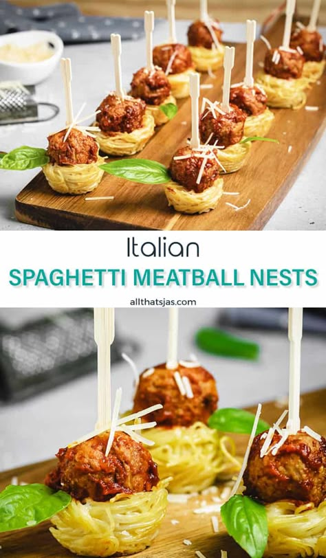 Spaghetti Appetizer Recipes, International Appetizer Party, Pasta Appetizers Parties Food, Alfredo Angel Hair Pasta, Italian Meatball Appetizer, Party Meatball Recipes, Spaghetti Nests, International Appetizers, Meatballs In Marinara Sauce