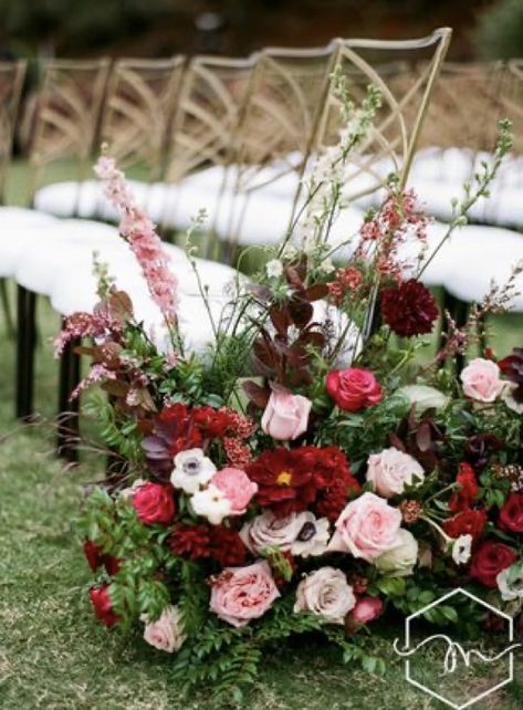 Red And Pink Wedding Palette, Hot Pink And Burgundy Wedding, Red And Pink Wedding Flowers, Aisle Arrangements, Pink And Burgundy Wedding, Wedding Ceremony Aisle, Flower Arragement, Berry Tones, Wedding Isles