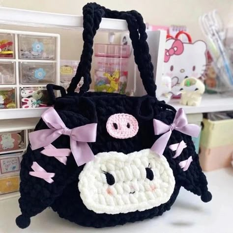 Kuromi Bag, Rabbit Crochet Pattern, Rabbit Crochet, Hello Kitty Crochet, Easy Crochet Animals, Crochet Cat Pattern, Kawaii Crochet, Crochet Design Pattern, Crochet Wool