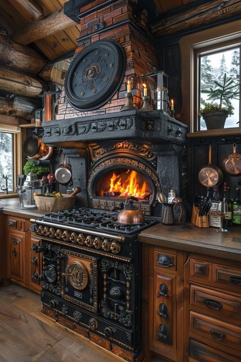 Cordwood Homes, Christmas Nature, Vintage Kitchen Appliances, Old Fashioned Kitchen, Log Home Living, Cottage Core Decor, Vintage Stoves, Wood Oven, Warm Decor