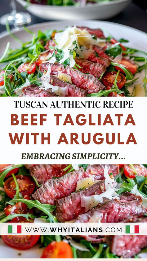 Seeking Tuscan Traditional Recipes? Look no further than Beef Tagliata, where tender sirloin, fresh arugula, and succulent cherry tomatoes dance on your palate, adorned with Parmesan shavings. Save this pin for later and satisfy your cravings! 🌿🥩🍅 Beef Recipes Mediterranean, Beef Tagliata Recipe, Traditional Tuscan Recipes, Beef Steak Tomatoes Recipes, Authentic Tuscan Recipes, Tuscan Recipes Authentic, Tuscan Steak Recipe, Steak Tagliata, Tuscan Dinner Party