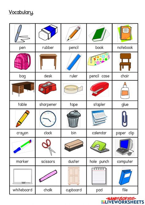 Classroom Objects Activities, Learn English For Beginners, Classroom Vocabulary, School Objects, Classroom Objects, School Kids Activities, Basic English Sentences, School Equipment, English Teaching Materials