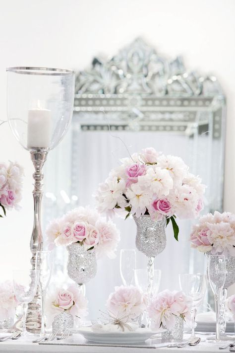 Such beautiful centerpieces. Looks fairly easy.  Goblets painted tops and awesome flowers. Flowers And Vases, Silver Centerpiece, Rustic Wedding Decorations, Gubahan Bunga, Sophisticated Bride, Festa Party, Diy Wedding Decorations, Romantic Weddings, Pink Wedding